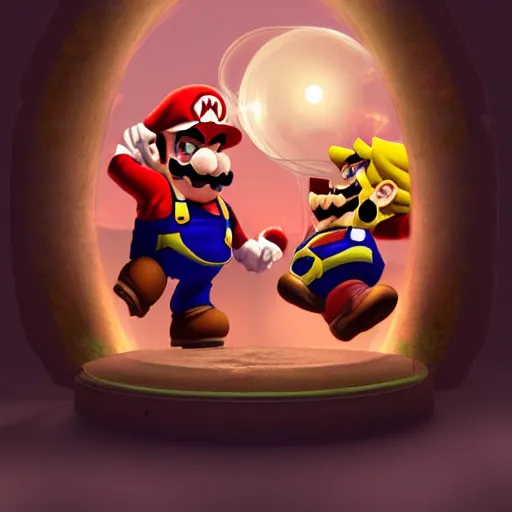 Prompt: wario and mario seeing each other through a portal, digital art, artstation