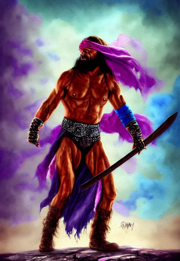 Prompt: a solitary macho man randy savage wearing a colourful heavy cloak alone full body rocky desolate wasteland | portrait | fantasy impressionist watercolour painting | matte painting | matte drawing | middle earth | pathfinder | featured on artstation deviant art | sword and sorcery | pintrest | conan | darksun | d & d dungeons and dragons | barbarian