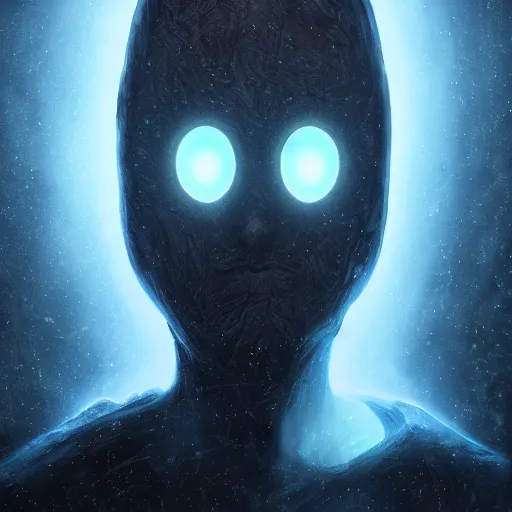 Image similar to award - winning. trending on artstation. 4 k. eerie tone. a faceless astral figure wearing a hooded cape made of the night sky with 1 dark blue glowing eye on its face. portrait.