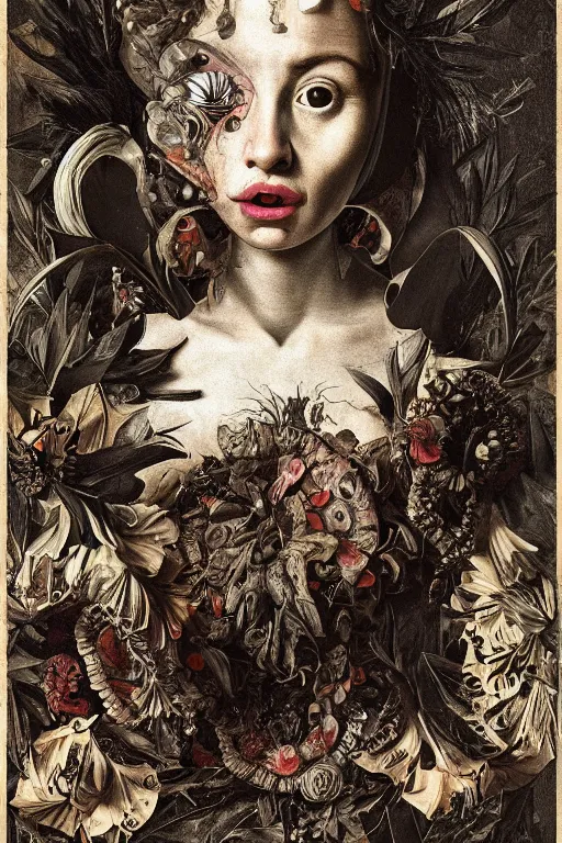 Image similar to Detailed maximalist portrait with large lips and with large eyes, teeth, botany, sad exasperated expression, HD mixed media, 3D collage, highly detailed and intricate illustration in the style of Caravaggio, dark art, baroque