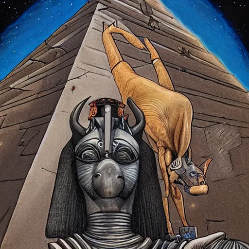 Image similar to Anubis at the top of a pyramid, fisheye lens, gerald brom