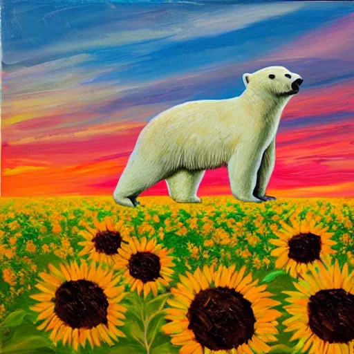 Image similar to Impasto painting of a polar bear in a field of sunflowers over a sunset, ayahuasca