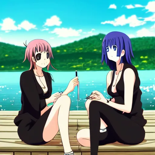 Prompt: two beautiful lesbian girls in love, smoking a hemp cigarette in front of a lake, in the style of anime, pixiv, intricate, elegant, highly detailed, lush, stylized, japanese, smooth