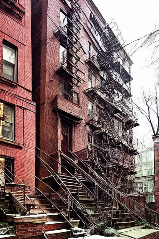 Prompt: (((((a ramshackle Manhattan brick brownstone deep in the forest))))) by Robin Tranl!!!!!!!!!!!!!!!!!!!!!!!!!!!