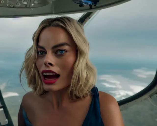 Image similar to a photo of margot robbie in the air jumping from a helicopter, hyper realistic faces, beautiful eyes, cinematic, long shot, hyper detailed, 8 5 mm photograph, 8 k resolution, film still, sharp lens, wide lens