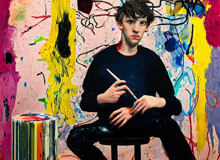 Prompt: portrait of a young painter with creative block sitting on a stool painted by vincent lefevre and hernan bas and pat steir and hilma af klint and danny fox, psychological, photorealistic, symmetrical face, dripping paint, washy brush, rendered in octane, altermodern, masterpiece