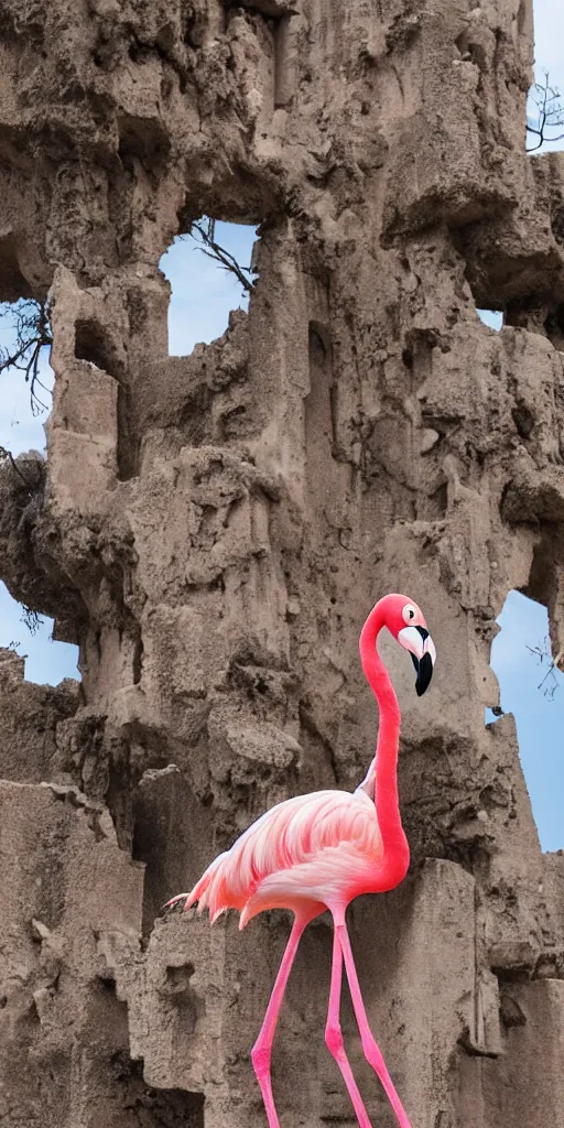 Image similar to a flamingo with 8 legs climbing a tree between the ruins of atlantis 4 k