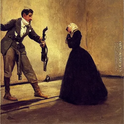 Prompt: actress rehearsing an action scene with revolver by alfred stevens