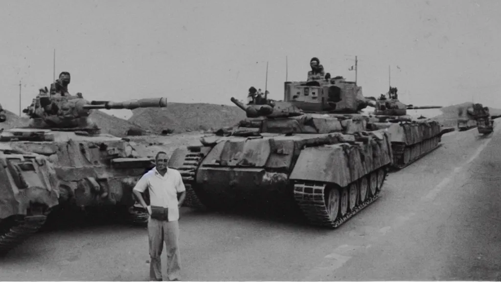 Image similar to old historic photograph of a person in white shirt, white holding grocery bags, standing on the road in front of four battle tanks approaching him