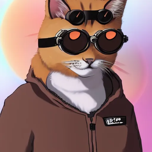 Image similar to cat person with goggles, anime style, brown fur