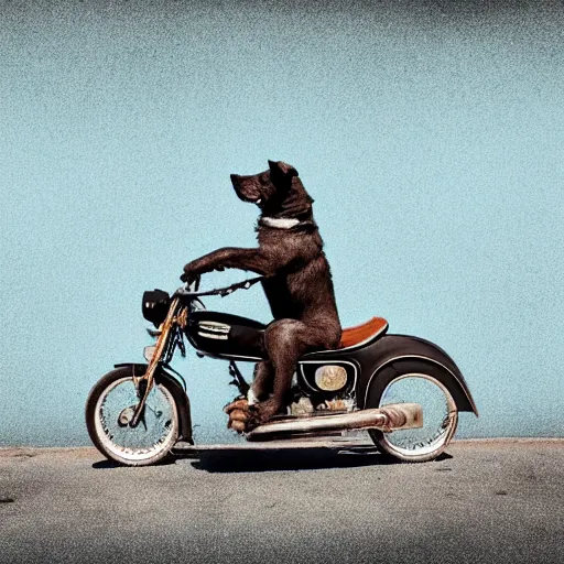 Image similar to blue heeler dog on a motorcycle, 8 k photography, blurred background of a wafflehouse