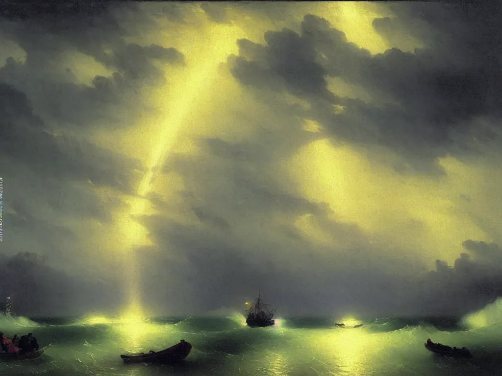 Image similar to heavy rain in south korea, bridges and buildings under water, beam of light through dark clouds, by Aivazovsky