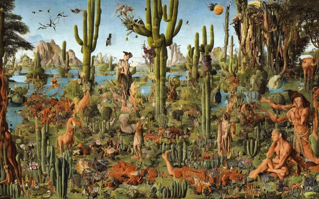 Prompt: photograph of a meditating centaur shaman and a flayed werewolf feeding animals at the riverside. surrounded by bulbous flowers, animals and a few trees and cacti. river delta with cliffs under a blue sky of burning stars. painted by jan van eyck, max ernst, ernst haeckel, ernst fuchs and artgerm, trending on cgsociety