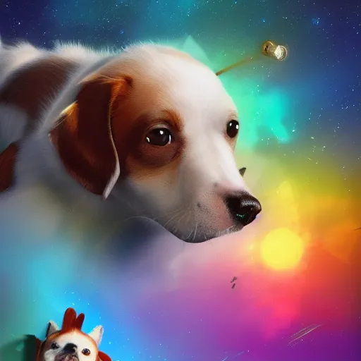 Image similar to dog character 1 1, small puppy, rich dog, high quality image, smart dog, dog with gun, dog in space, illustration, dog in mountain, soft, concept art, intricate details, highly detailed, colorful, photorealistic, disney pixar, octane render, iridescent, anime, 8 k