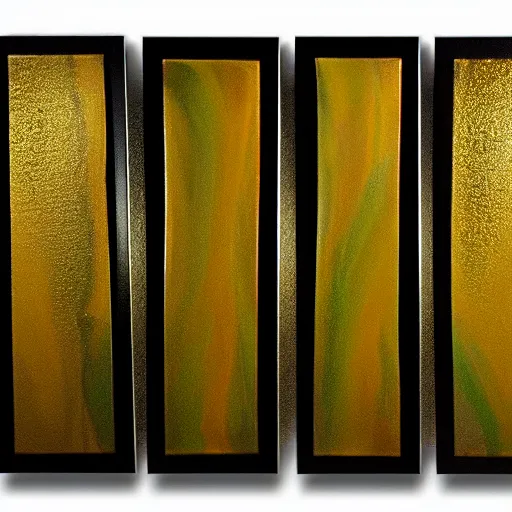 Image similar to a pour painting triptych, gold black green colors, abstract, thick paint, glossy, resin coated