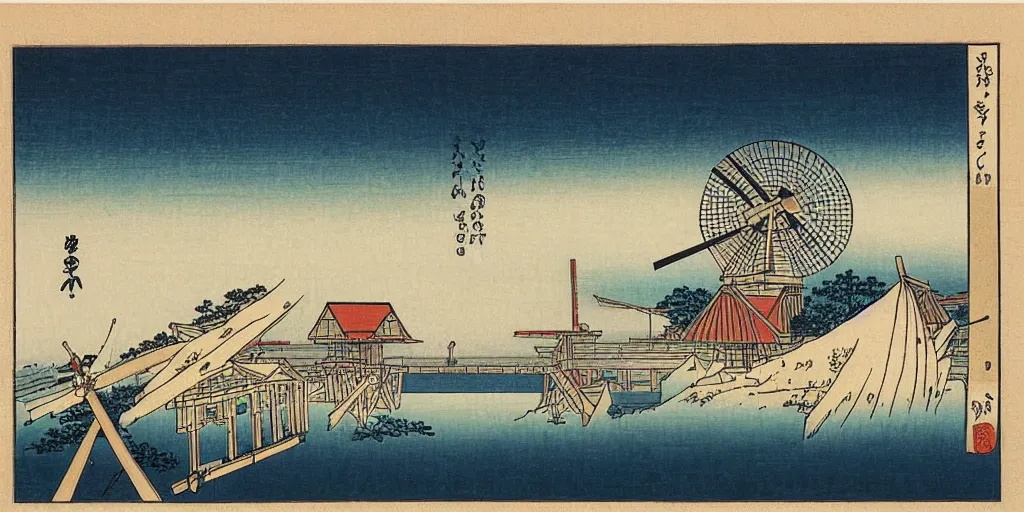 Image similar to ukiyo - e woodblock print of a dutch windmill, by hokusai