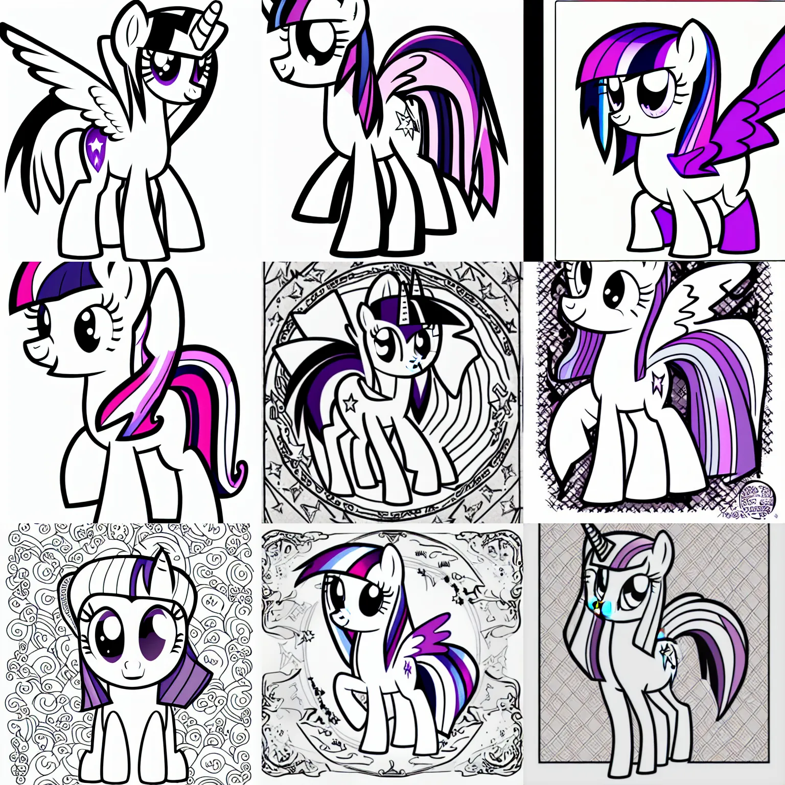 Prompt: Twilight Sparkle from My Little Pony: Friendship is Magic, uncolored black and white page from a coloring book
