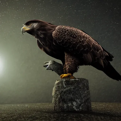 Image similar to A extremely realistic photo of a eagle with night vision goggles on its eyes, standing bird, sharp claws, cloudy, midnight, smoke, ultra high detail digital art, trending on Artstation, unreal engine
