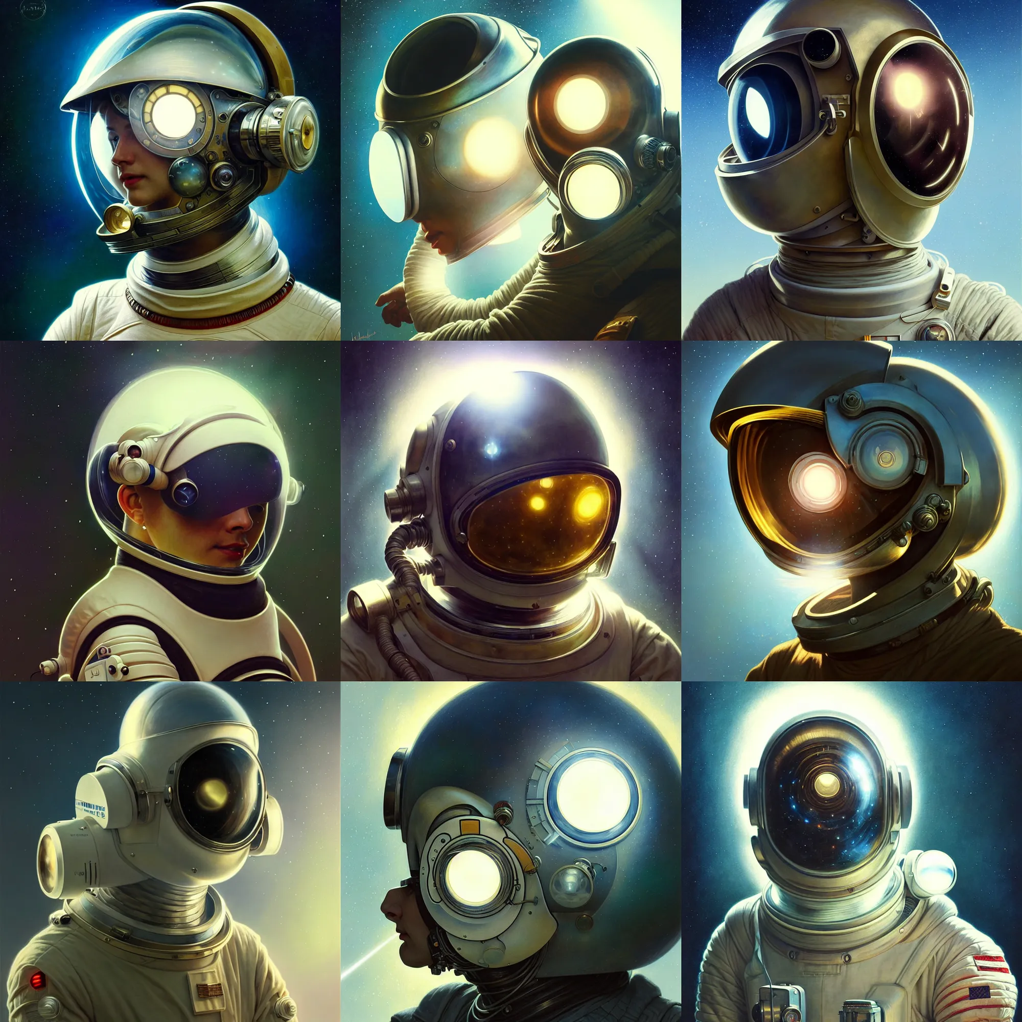 Image similar to ultra realistic retro futuristic astronaut helmet, lens flare, diffuse lighting, fantasy, intricate, elegant, highly detailed, lifelike, photorealistic, digital painting, artstation, illustration, concept art, smooth, sharp focus, art by John Collier and Albert Aublet and Krenz Cushart and Artem Demura and Alphonse Mucha