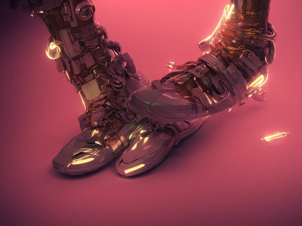 Image similar to realistic 3 d render of a cyberpunk android foot wearing sneakers, beautiful studio lighting, soft, sharp focus, neon cyberpunk highlights, intricate detail, gold and red accents, soft rubber, octane render, side view, close up, trending on artstation, deviantart