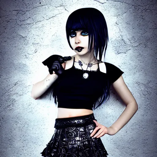 Image similar to kerli koiv animel goth girl in mini skirt and crop top intricate, extremely detailed, photograph, photorealistic, 8 k sensual lighting, incredible art, l