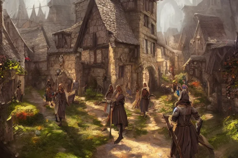 Image similar to A small medieval village, fantasy, D&D, concept art, sharp focus, trending on artstation, digital painting, people in frame, midday, sunny, beautiful, texture, wizards of the coast, tabletop, roleplay