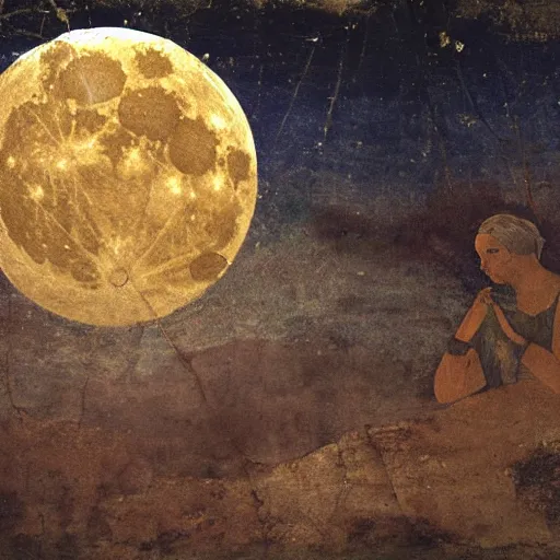 Prompt: the full moon grieving the earth, roman fresco