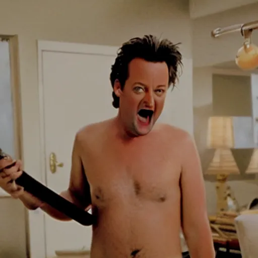 Prompt: matthew perry in his apartment wearing only white briefs swinging a shiny metal machete while screaming, friends 9 0 s tv show screenshot, octane render