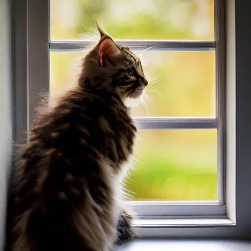 Image similar to view from the back of a backlit maine coon kitten gazing out a sunny window on a warm day. outside there are pretty flowers. 3 5 mm, f / 1 1. 0, is 1 0 0