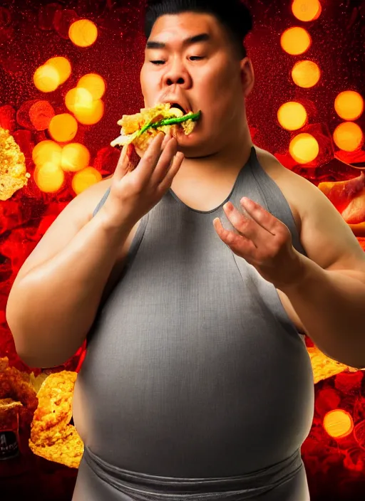 Image similar to sumo wrestler eating crispy tacos, holding hot sauce, portrait, photo realism, bokeh background, neon lights, city background, high definition, slr