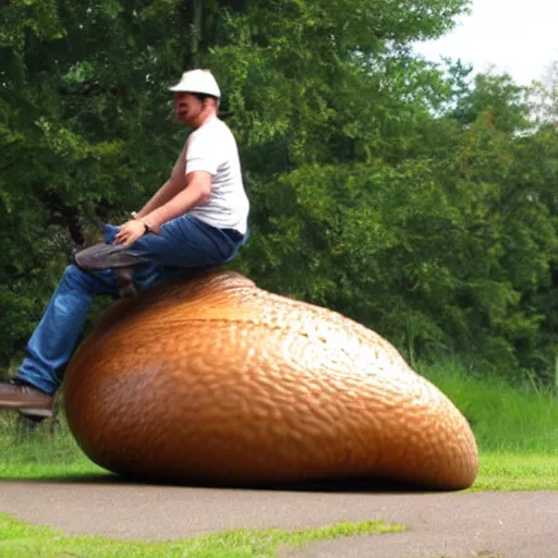 Prompt: a man riding a giant slug