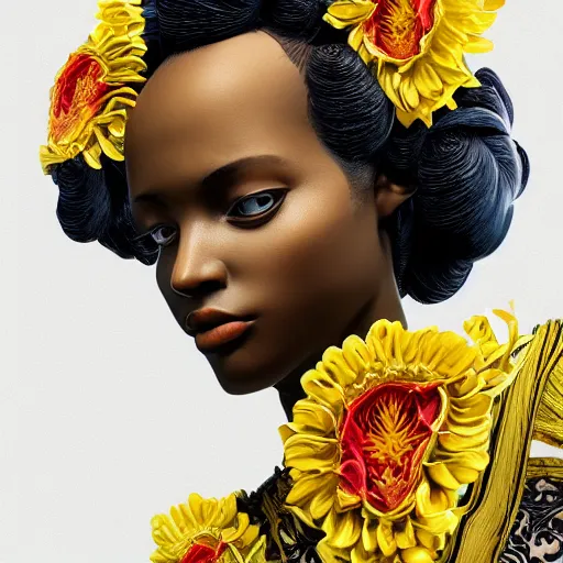 Image similar to the portrait of an absurdly beautiful, graceful, elegant young black woman made of bananas and petals looking up, an ultrafine detailed illustration by kim jung gi, irakli nadar, intricate linework, bright colors, octopath traveler, final fantasy, angular, unreal engine 5 highly rendered, global illumination, radiant light, detailed and intricate environment