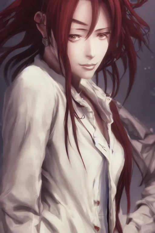 Image similar to highly detailed portrait of makise kurisu from steins gate, sensual, labcoat, fantasy art, by pixmilk, by charlie bowater, unreal engine, photorealistic, detailed and intricate environment, trending on artstation