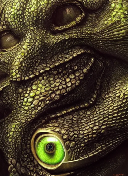 Prompt: lime peel mf doom reptile eyes, metal lime scaled skin. intricate, elegant, highly detailed, centered, digital painting, artstation, concept art, smooth, sour, sharp focus, illustration, artgerm, tomasz alen kopera, peter mohrbacher, donato giancola, joseph christian leyendecker, wlop, frank frazetta