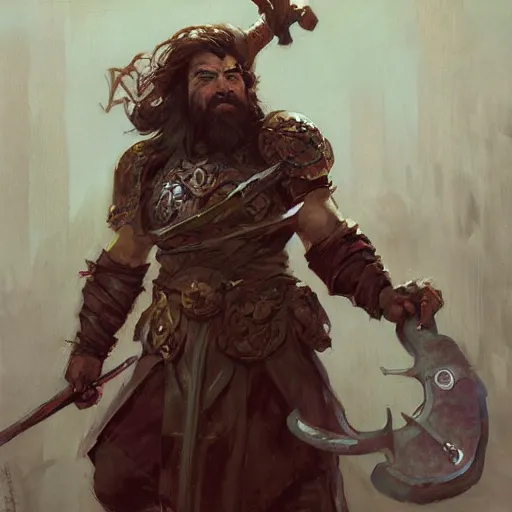 Image similar to A dwarven warrior, art by Craig Mullins, Simon Bisley, Gregory Manchess, Fernanda Suarez, Artem Demura, Alphonse Mucha, Donato Giancola, trending on artstation, digital art