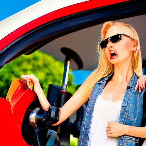 Prompt: petrol station expensive fuel blonde woman nice car cartoon style sunny weather close up shot surprised expression decent clothes