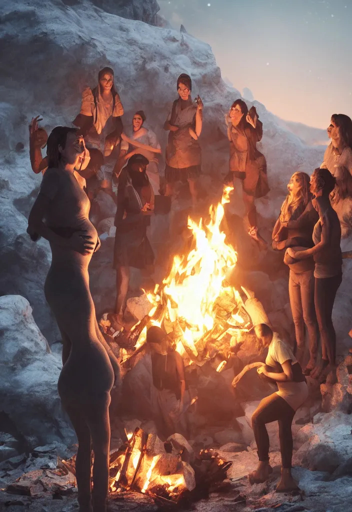 Image similar to epic leader pregnant woman talking to all her tribe around a bonfire, proud people looking at the pregnant woman, ice cave, facinating, fantasy digital art, octane render, beautiful composition, trending on artstation, award - winning photograph, masterpiece