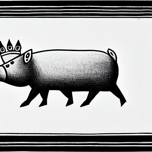 Image similar to anaglyph 3d line landscape drawing of a pig wearing a crown in black and white, 35mm