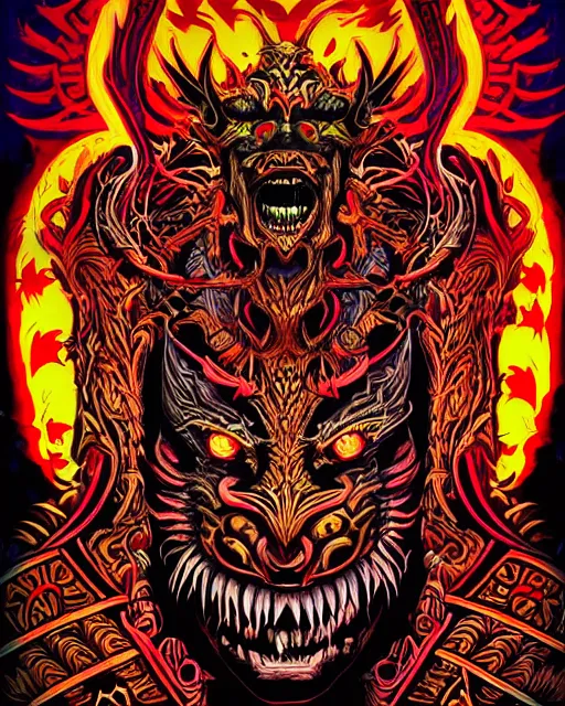 Image similar to barong family member, wiwek, mara demon, one single tribe member, jungle, one single mask, dark, ancient warrior, rich deep vivid colors, neon colors, inner glow, art by dan mumford and justin gerard