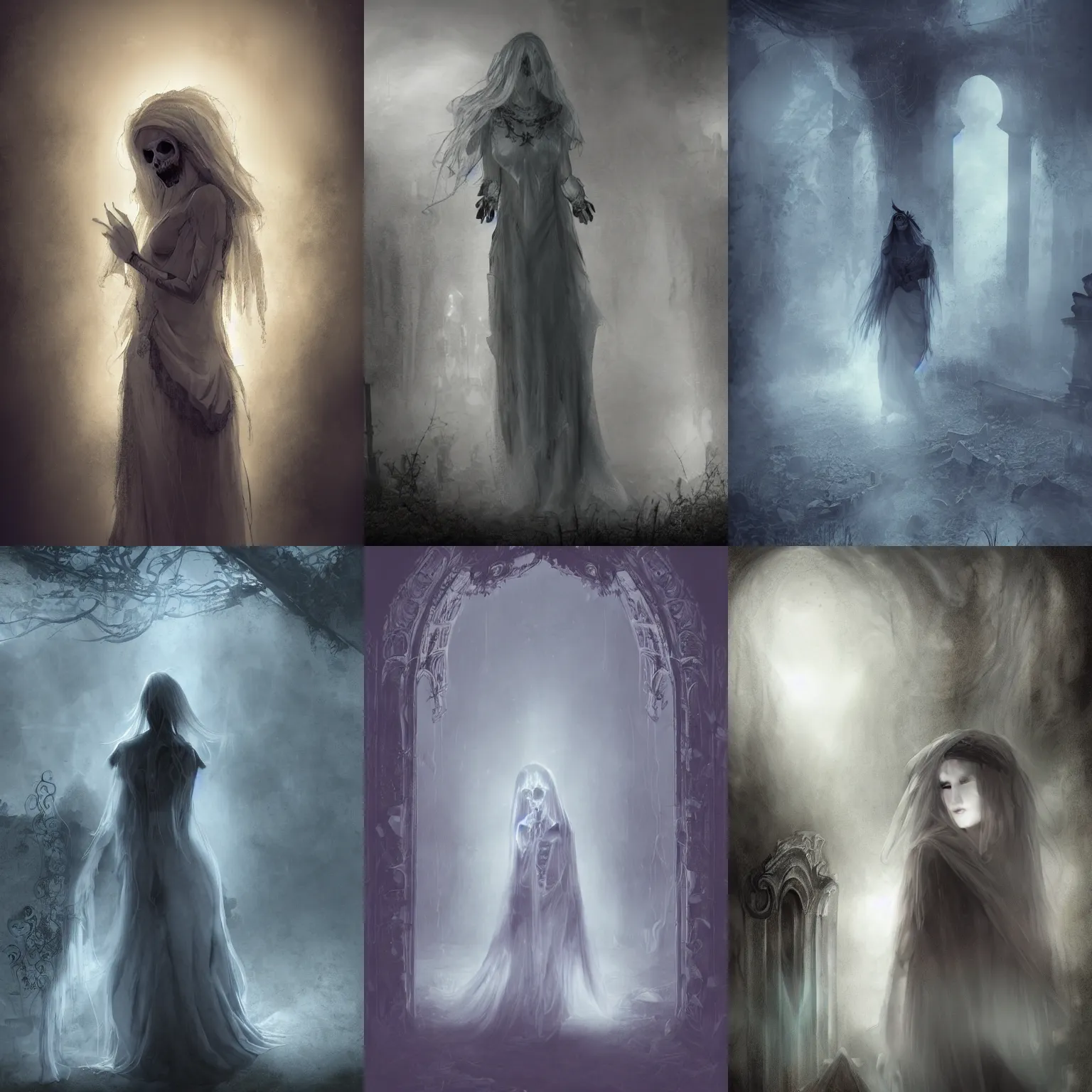 Prompt: character concept art of a beautiful centered fading ghost female covered in drapes facing camera in a ruined cemetery by night, ultra intricate details, omnious style, volumetric light and fog, skulls