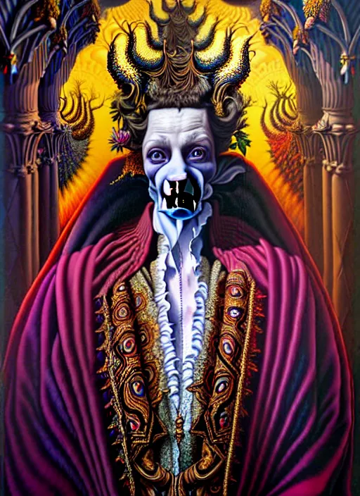 Image similar to beautiful oil painting, full length portrait of vampire dauphinois in baroque coronation robes 1 7 0 1, dan mumford, dan mumford, alex grey, hyacinthe rigaurd, highly detailed, lsd visuals, dmt fractal patterns, visionary art, psychedelic art, ornate, vaporwave, baroque, greg rutkowski