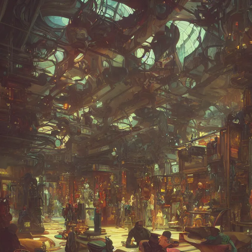 Image similar to inside a dimly lit futuristic toystore. highly detailed, digital painting, artstation, concept art, matte, sharp focus, illustration, art by artgerm and greg rutkowski and alphonse mucha