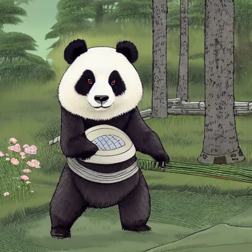 Prompt: panda bear wearing samurai armor standing in a ancient japanese village, highly detailed, ghibli style, by studio ghibli, art station, highly detailed