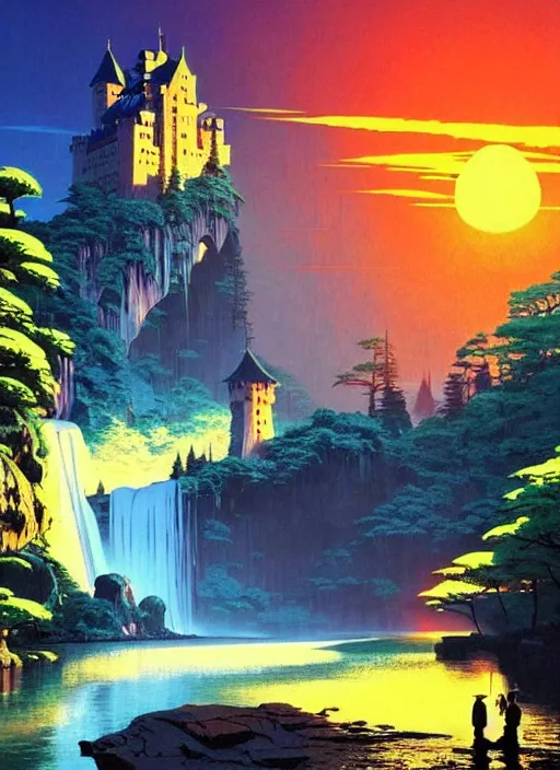 Prompt: magical castle, waterfall, river, mountain, sunset, scenery wallpaper aesthetic, beautiful, cinematic, dramatic, super detailed and intricate, hyper realistic, by koson ohara, by darwyn cooke, by hiroshi yoshida, by kentaro miura