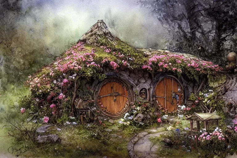 Prompt: jean - baptiste monge painting of a hobbit house. retro airbrush detailed. loose watercolor with hard edges ( ( ( ( ( 1 9 5 0 s retro flower with vines, moss and mushrooms. with white paper background. ) ) ) ) ) by jean - baptiste monge,!!!!!!!!!