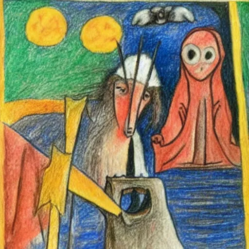 Image similar to An imitation of a Hieronymous Bosch painting, crayons on paper, by a 5 year old who is terrible at art