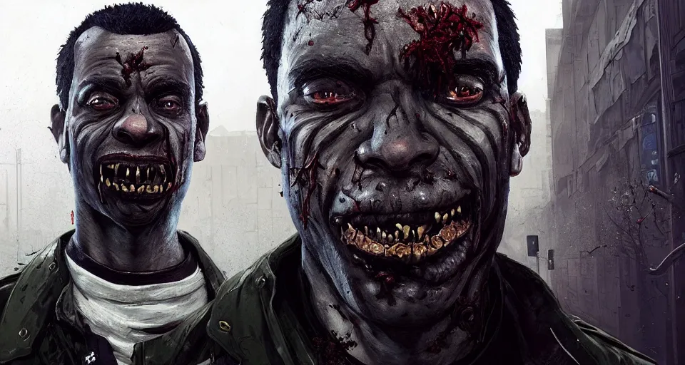 Image similar to highly detailed portrait black police officer zombie in gta v, angry and rotting, stephen bliss, unreal engine, fantasy art by greg rutkowski, loish, rhads, ferdinand knab, makoto shinkai and lois van baarle, ilya kuvshinov, rossdraws, tom bagshaw, global illumination, detailed and intricate environment