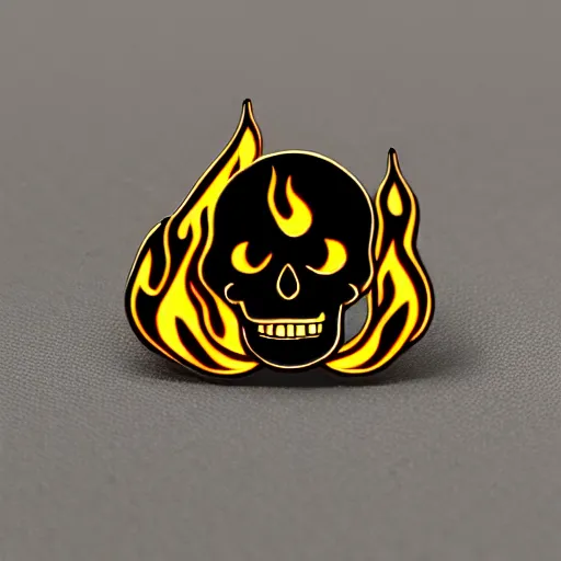 Image similar to a retro minimalistic wide smiling skull with fire flame enamel pin, hd, concept art