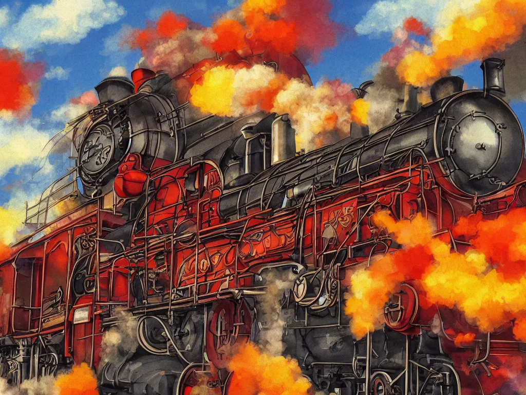 Prompt: cross - section close - up view of a steam anime train, autumn light, colorful, smoke, beautiful, by studio ghibli, digital art, concept art, sharp focus, illustration