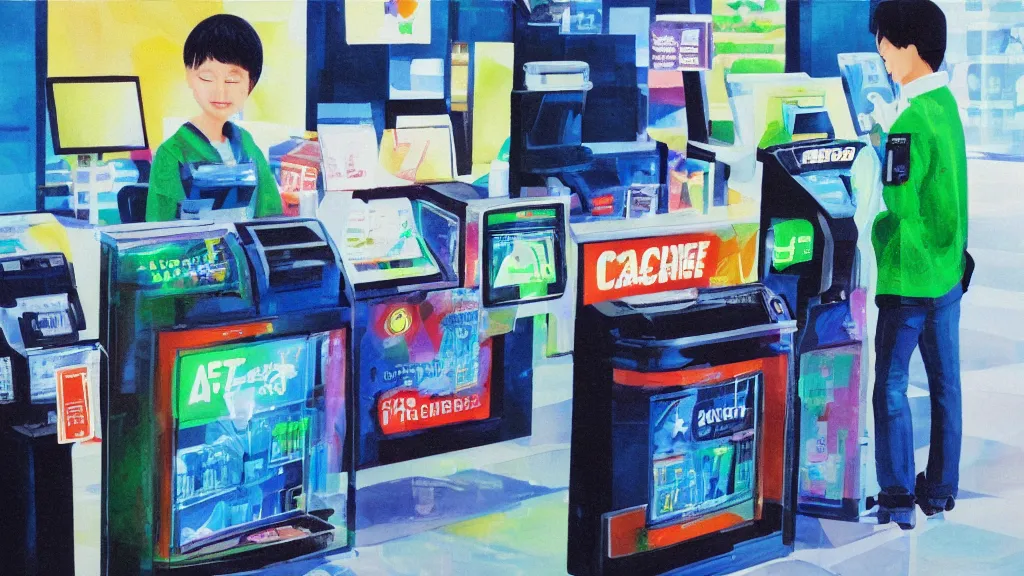 Prompt: acrylic art financial convenience store robo - cashier